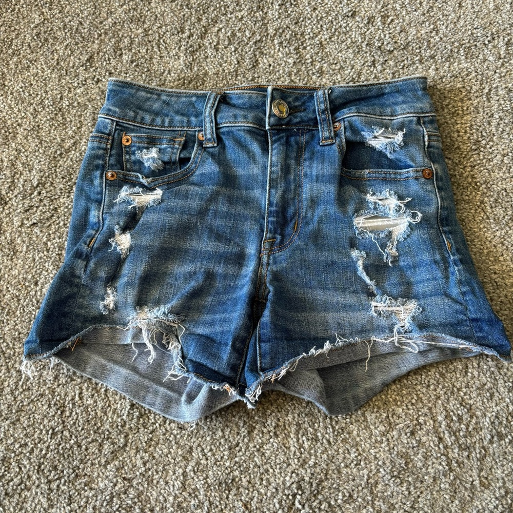 American Eagle shorts womens 0 blue hi rise shortie distressed denim‎ casual